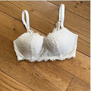 Aerie Real Power Balconette Bra 34DD Ivory Eyelash Lined Floral Underwire Molded